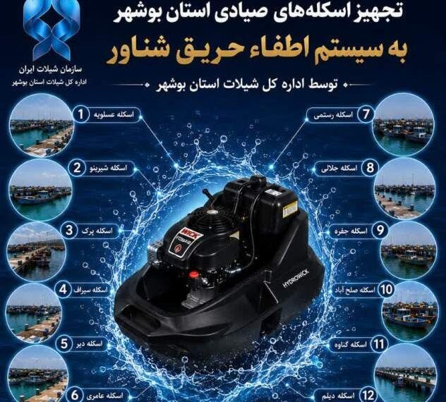 بوشهر؛ تجهیز ۱۲ اسکله صیادی به پمپ های اطفای حریق شناور